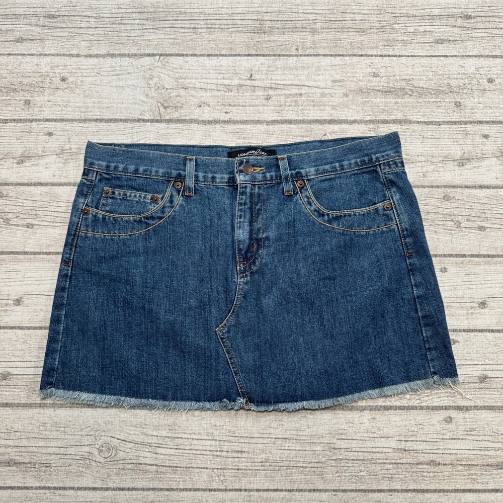 London Jean Mini Skirt Women's 10 Blue Denim Medium Wash Distressed Canada Y2K